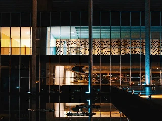 A building lit up at night