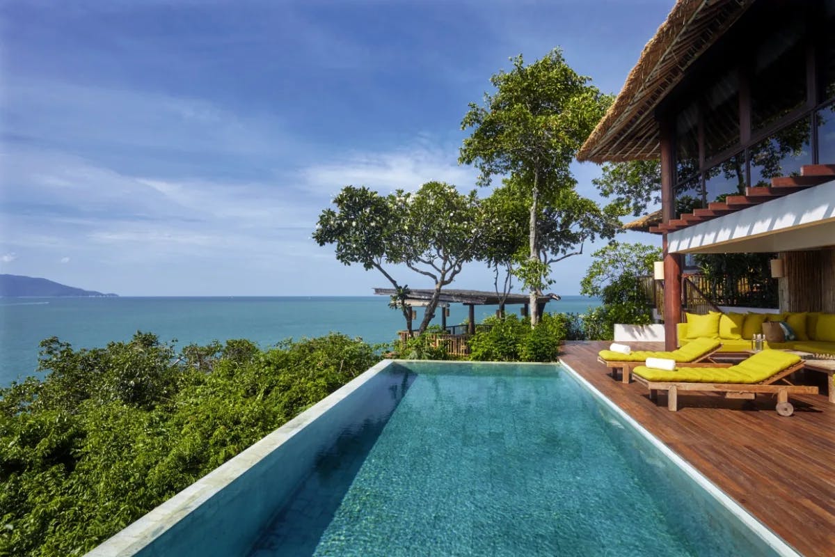 an infinity pool on a wooden deck overlooks the ocean and the jungle