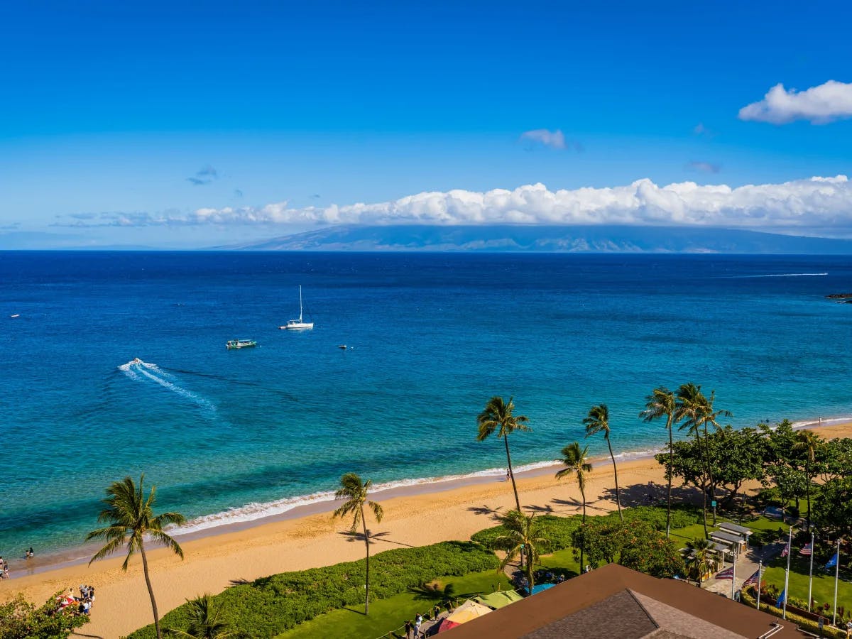 A serene beach scene with clear blue waters, boats and palm trees, under a sunny sky.