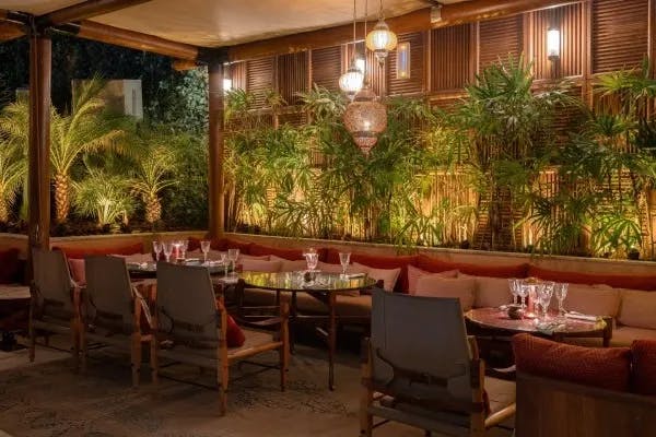 The interior of Ninive, a Middle Eastern restaurant in Dubai with green foliage around the walls and brown colored chairs and table