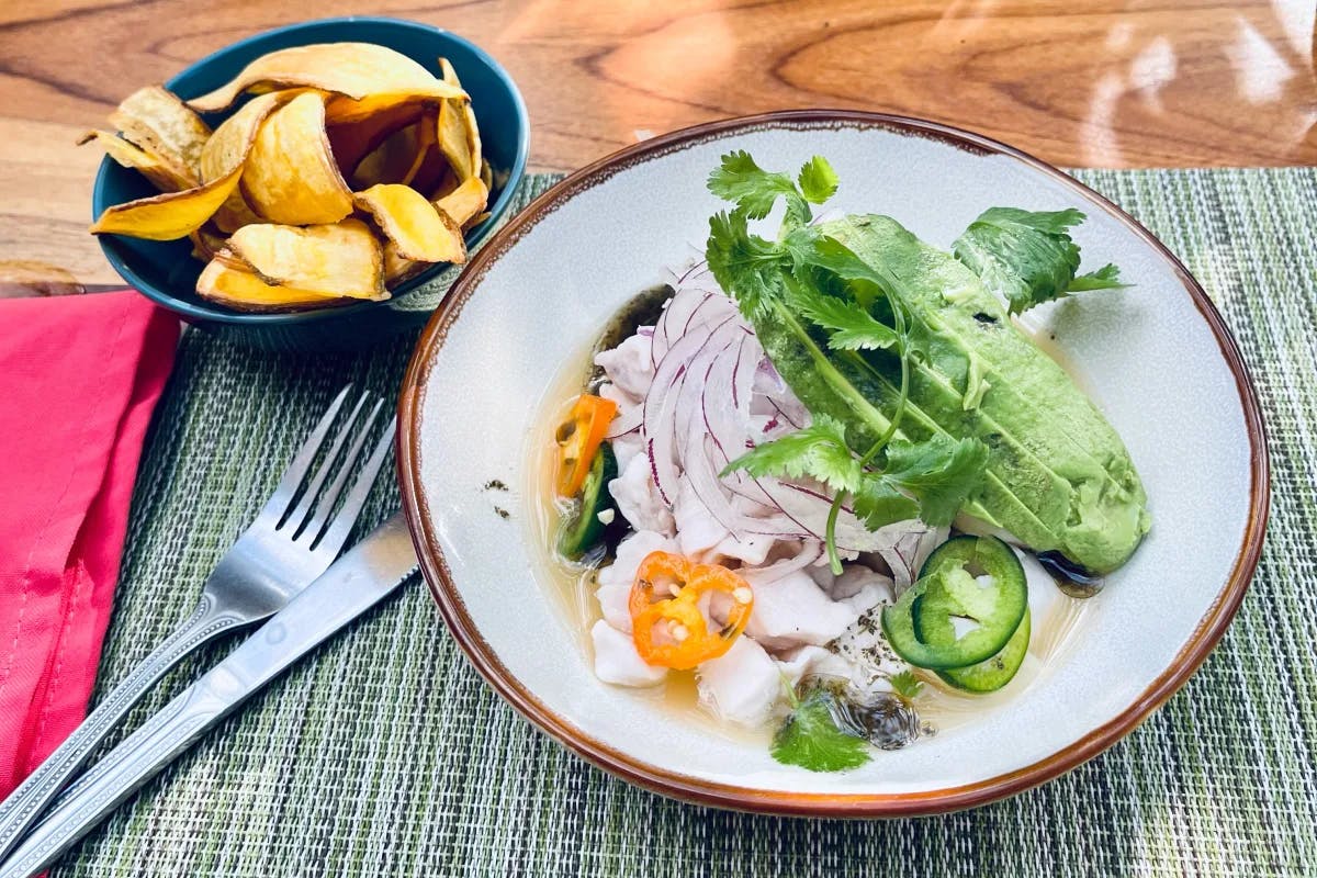 A stunning plate of ceviche and a side of fried plantain chips at El Manglar.