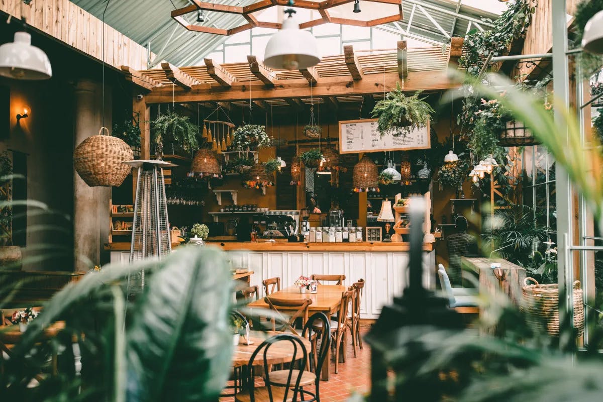 A picture of a cafe with wooden furniture with green plants.