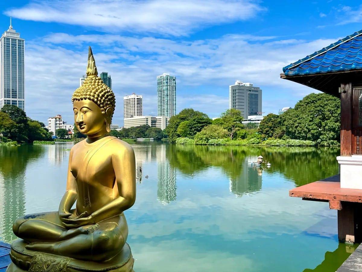 A golden Buddha statue overlooks a serene body of water with modern buildings in the background.