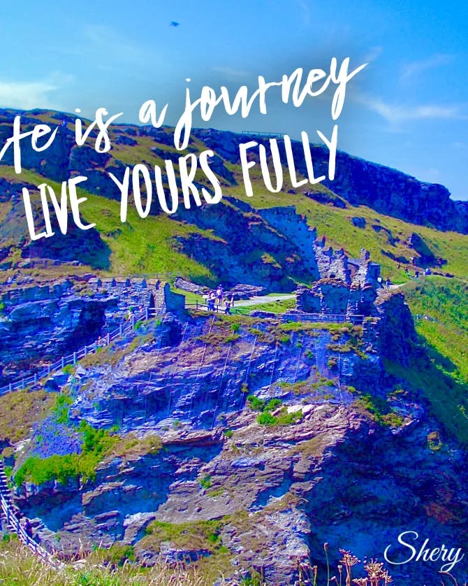 A beautiful view of nature with white text that reads "Life is a journey LIVE YOURS FULLY"
