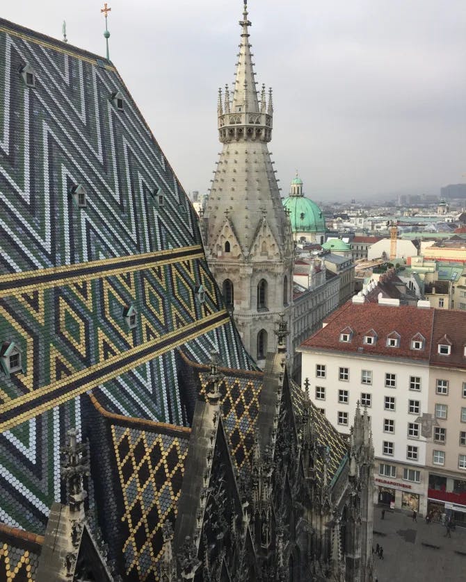The beautiful tiled roof of St. Stephen's Cathedral on a cloudy day