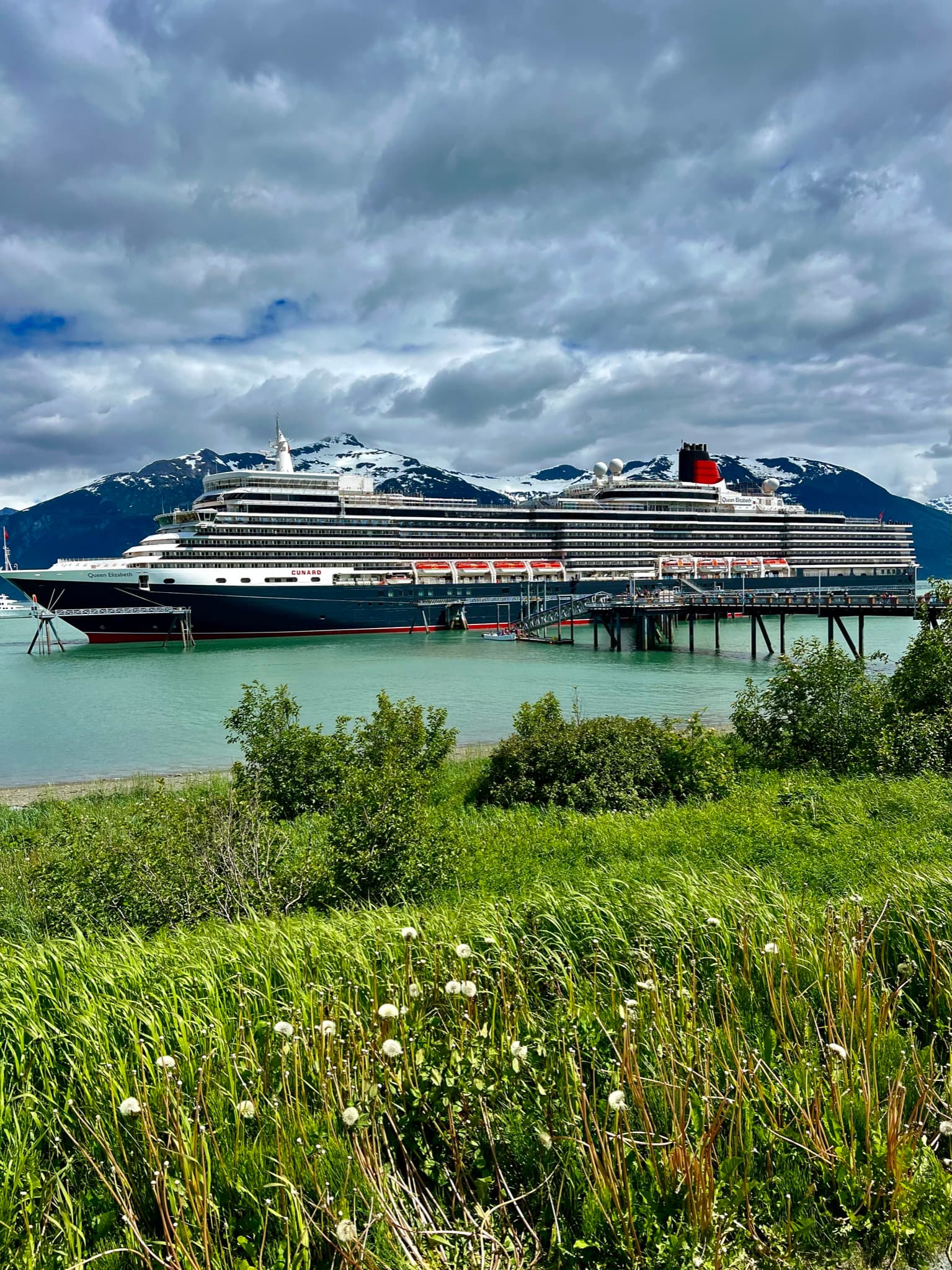 A grand cruise ship docked in the water between green grass and mighty mountains on a cloudy day.