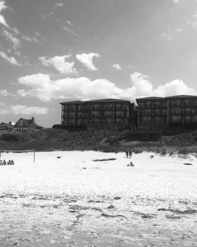 Greyscale view of the buildings