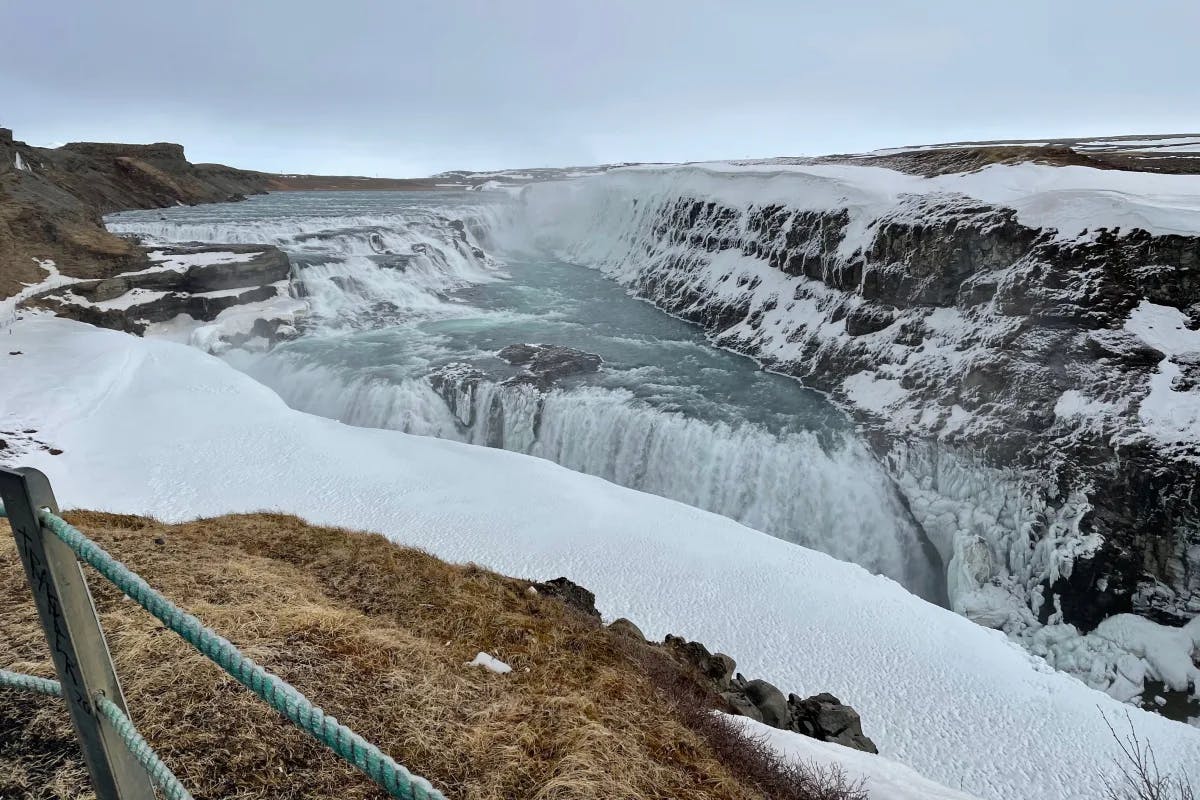 Gullfoss Waterfall is where the Hvítá River plunges into a stunning two-tiered cascade.