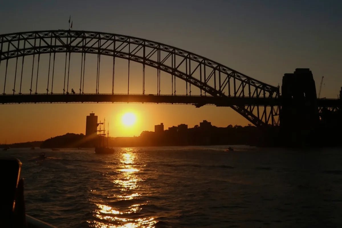 A view of the sunset behind the Sydney Harbour Bridge.