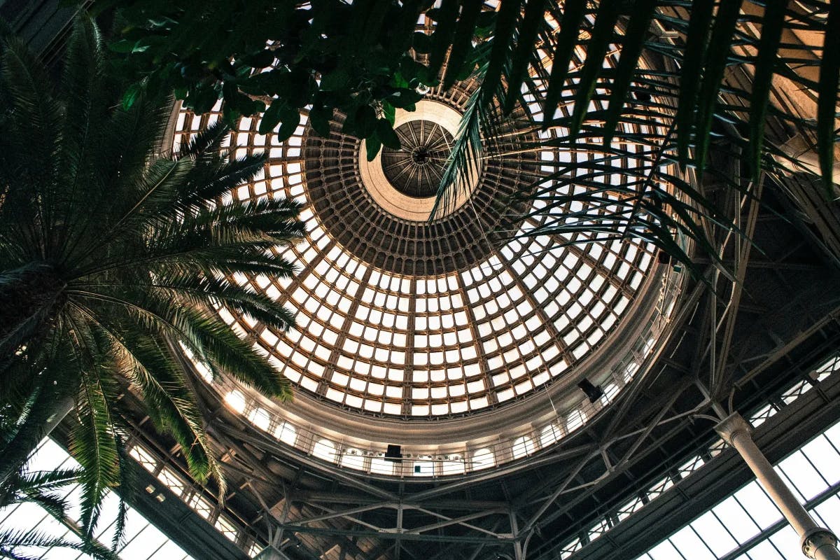 A picture of a building interior made of glass taken during daytime.