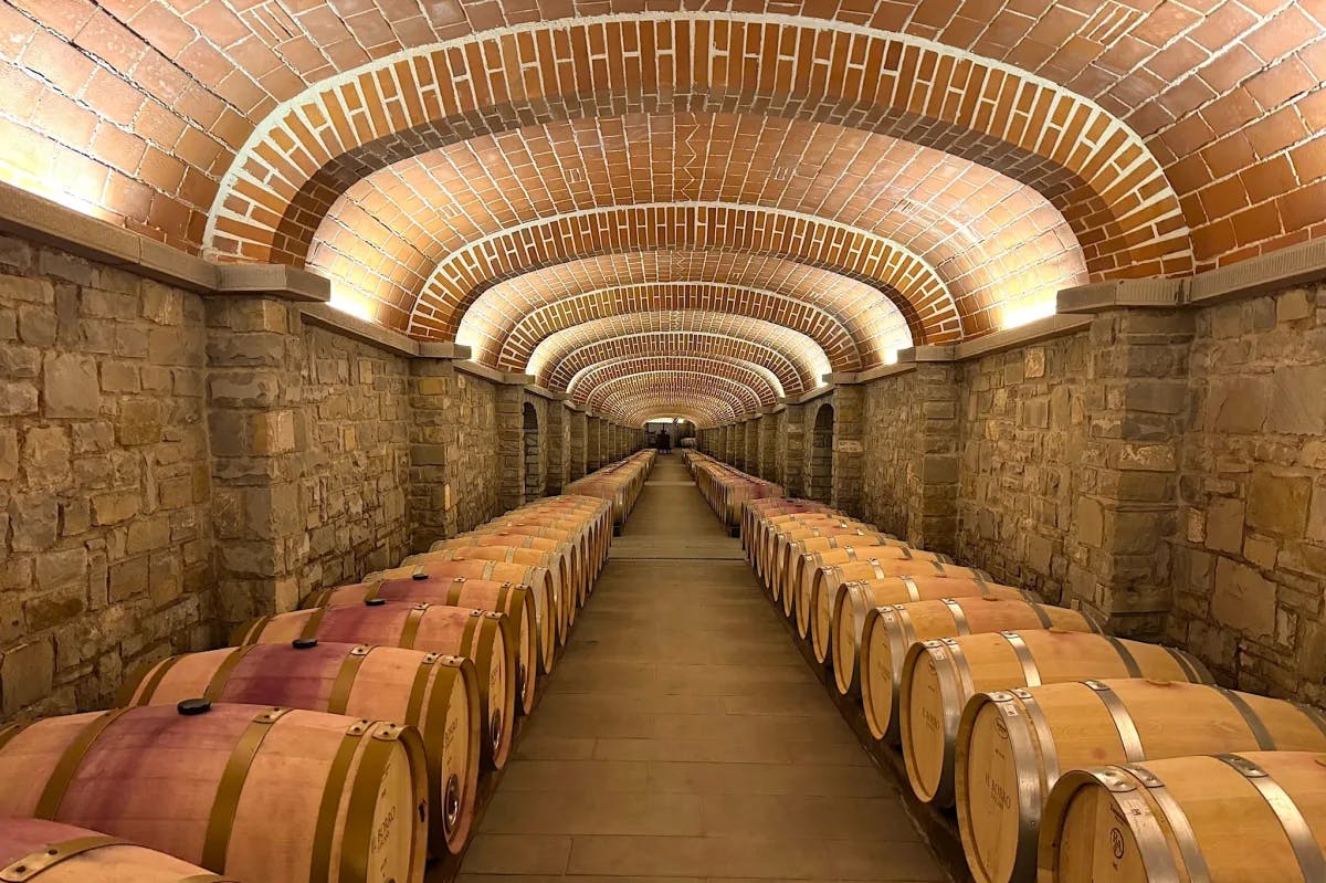 This image depicts a stone wine cellar full of various barrels lined along each side of the room. 