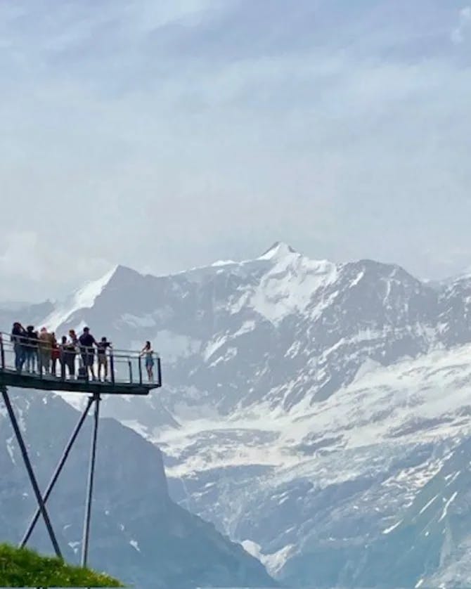 Viewing deck for snow covered mountains in Switzerland