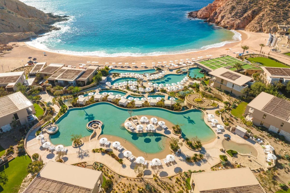 Aerial view of Montage Los Cabos, a beachfront resort.