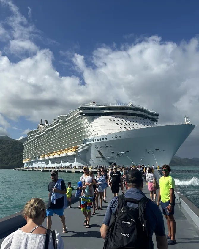 An image of a cruise ship at the port on a sunny day with a crowd of people walking on the dock.