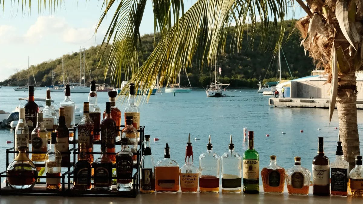 A variety of liquor bottles are displayed on a bar counter with a tropical view of palm trees and boats through the window.