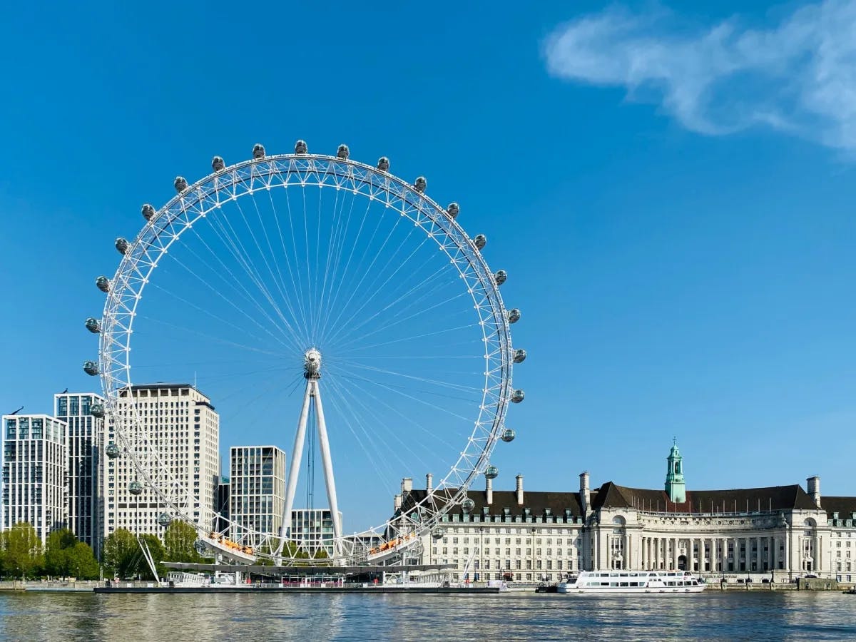 The London Eye ferris wheel with the Thames River in the foreground on day 1 of a London 4 day itinerary.