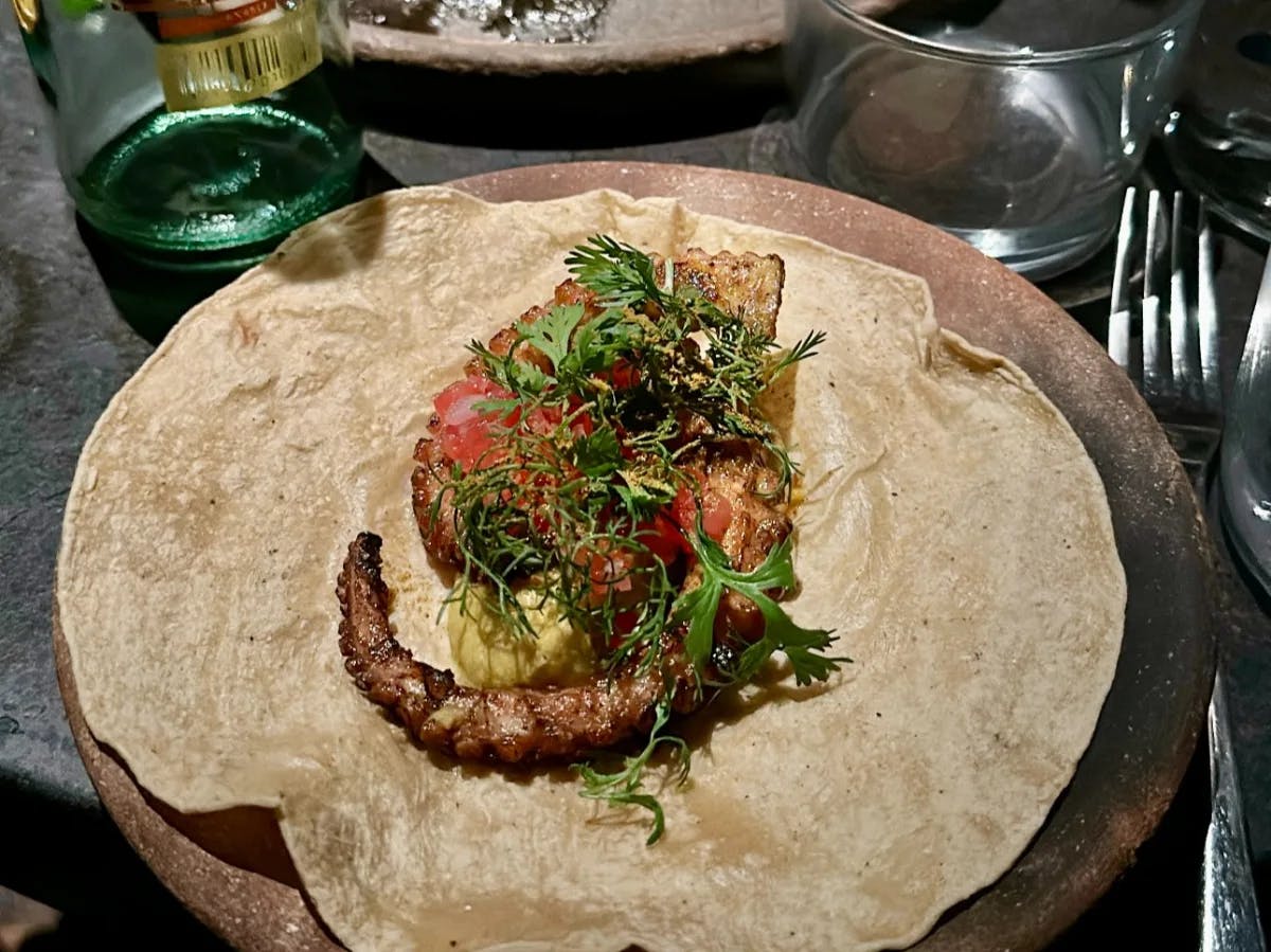 A plate covered in a tortilla, and topped with a piece of grilled octopus, salad, herbs and sauces.