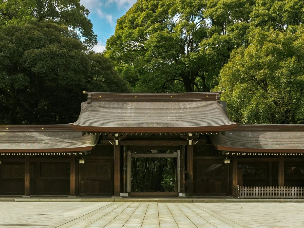 A picture of a brown shrine building under lush green trees.