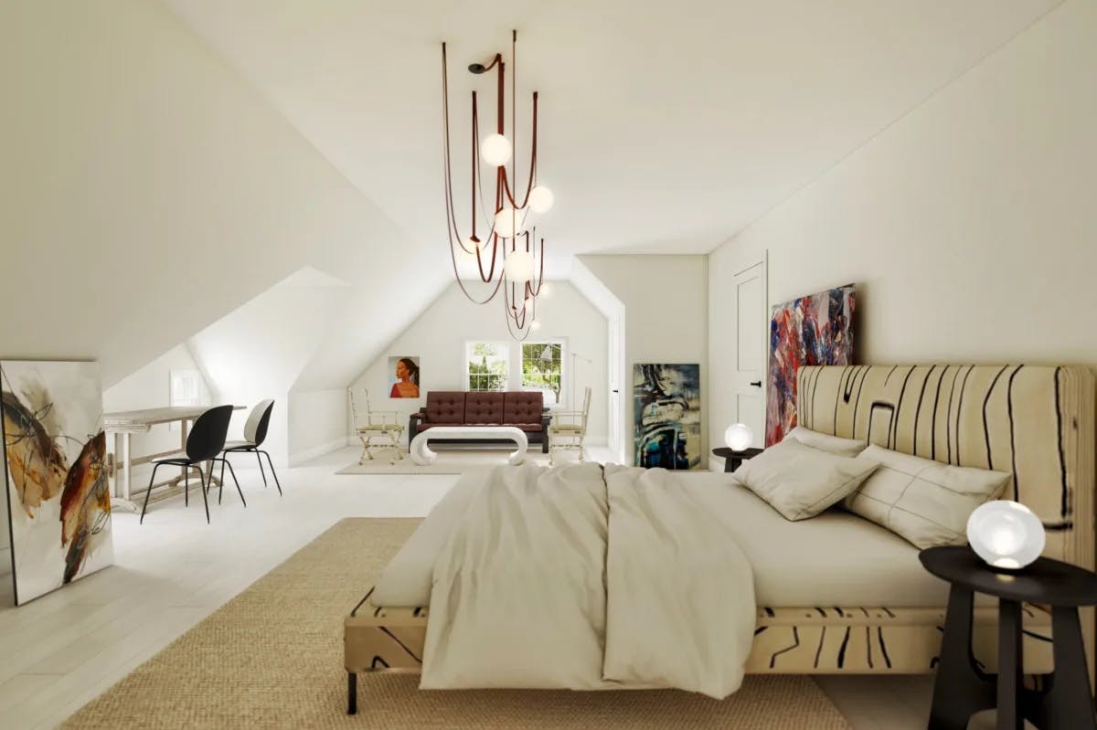 stylish room with modern lighting and a white bed