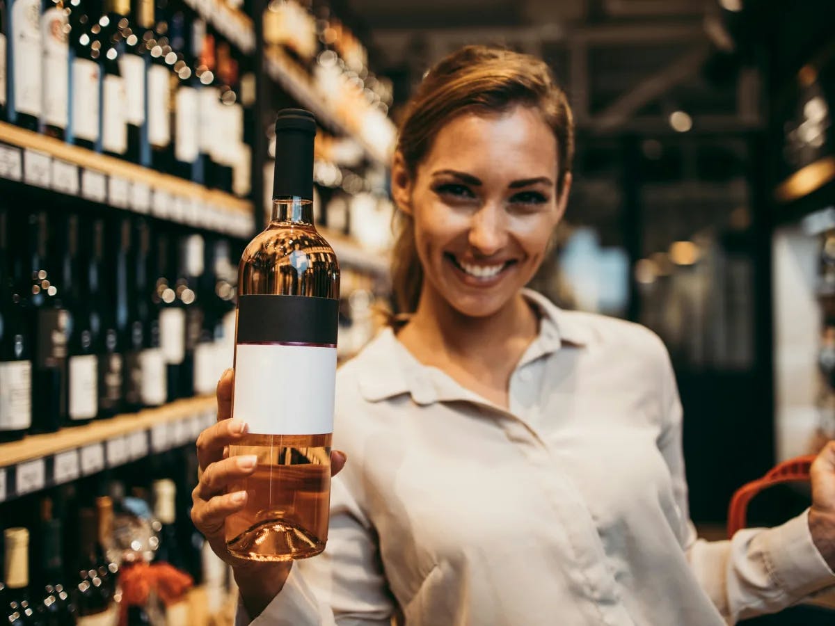 The image features an individual holding a bottle of wine in front of a shelf filled with various bottles.