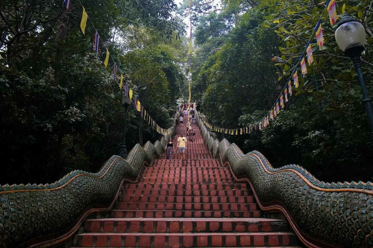 A long set of stairs to climb Doi Suthep mountain.