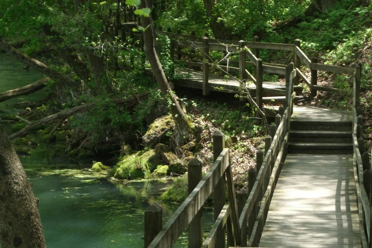 A nature trail on a brown wooden bridge over a river.