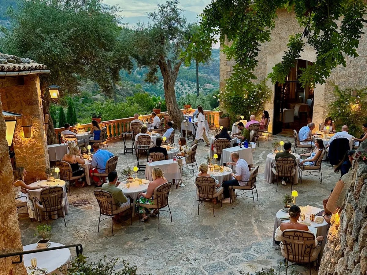 Outdoor sitting area of a restaurant. 