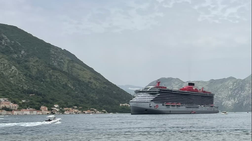 A cruise ship floating off the verdant coast on a cloudy day. 