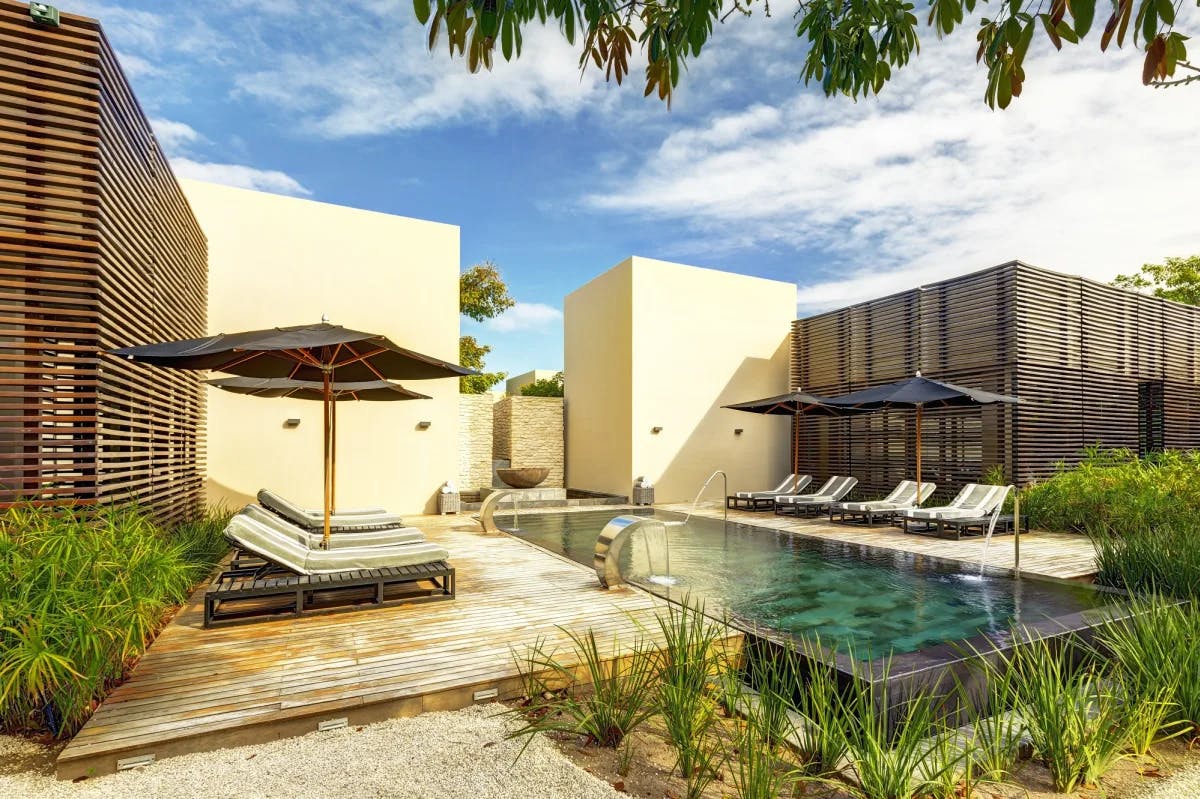 a chic courtyard with a rectangular swimming pool surrounded by lounge chairs and umbrellas