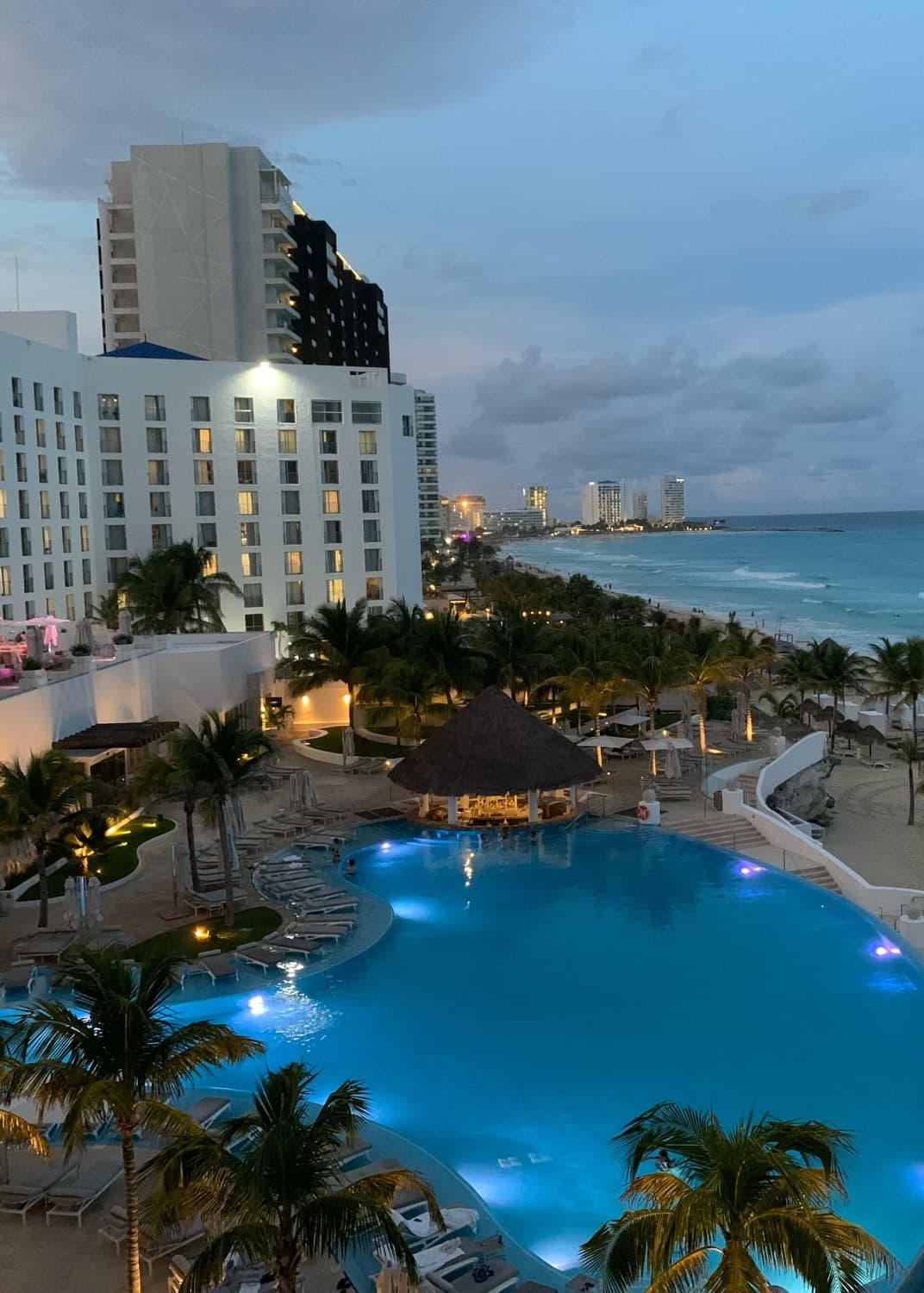 Beachfront skyline with a blue pool and palm trees.