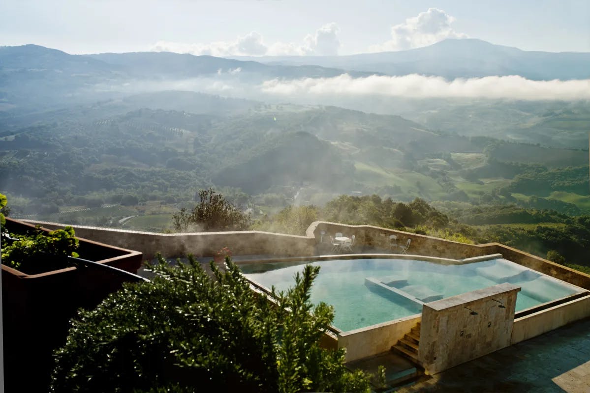 A picture of one of the thermal pools at the hotel overlooking the Tuscan countryside