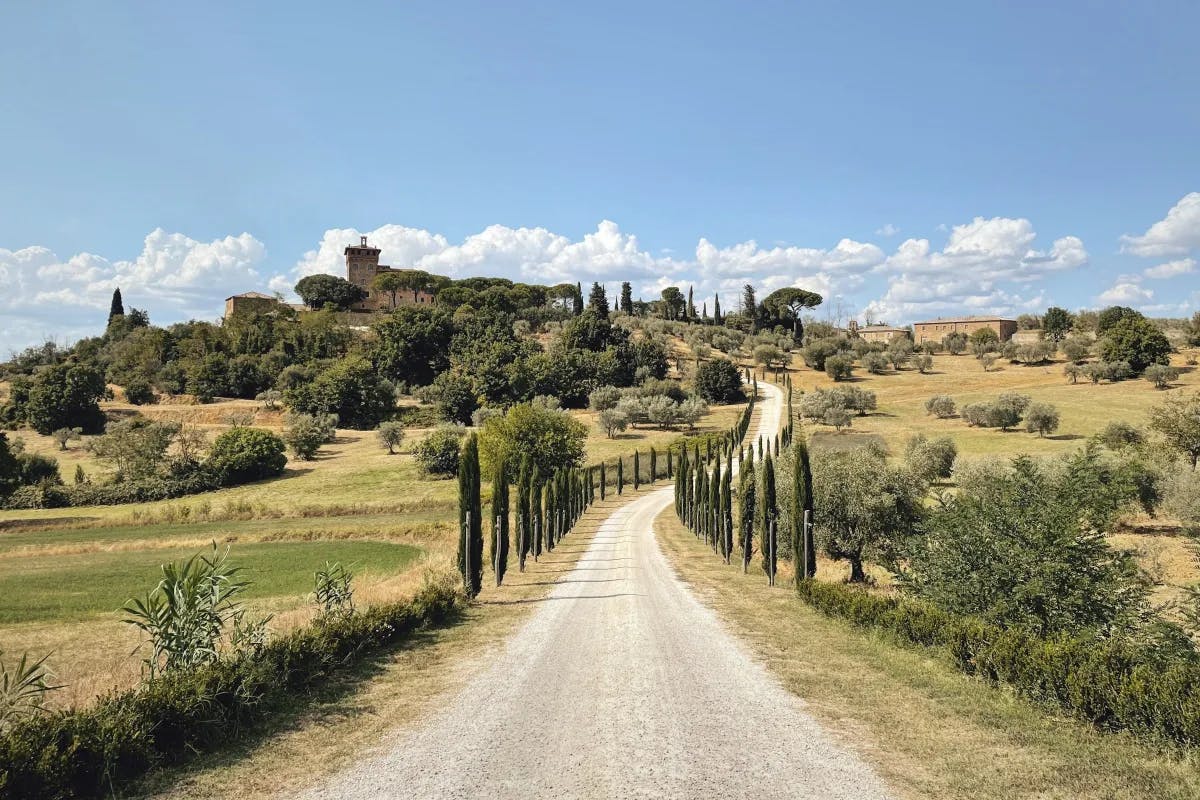 A road surrounded by rolling green tuscan hills, trees and a stone building on a hill in the distance. 