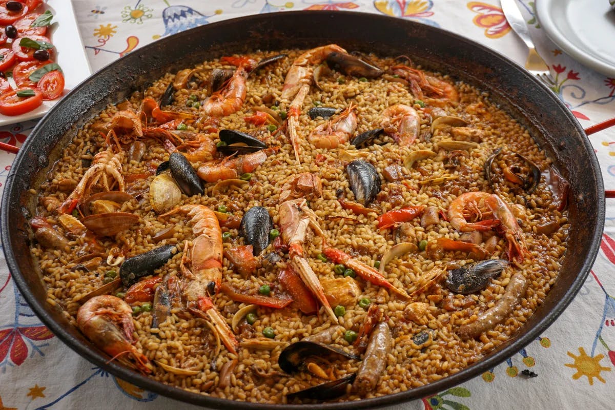 Enormous pan of seafood paella at Casita Miramar.