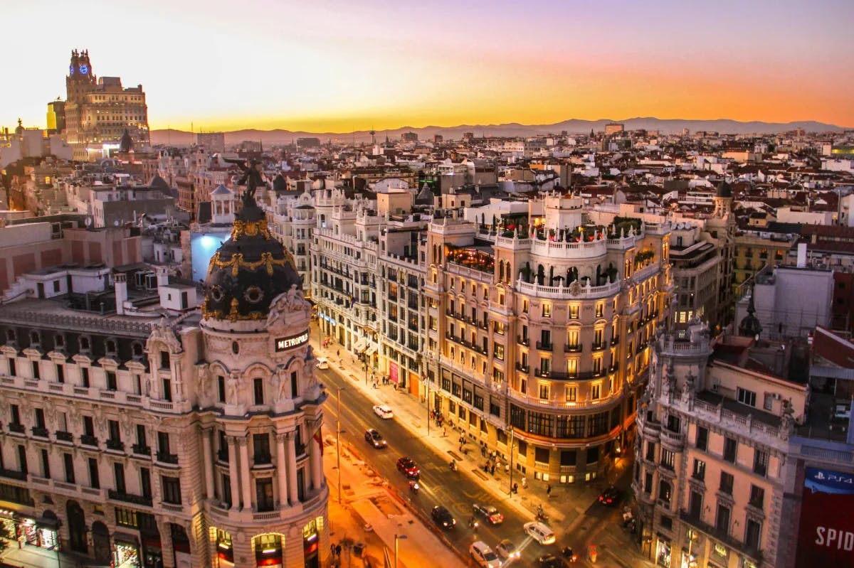 Aerial view of city at golden hour. 