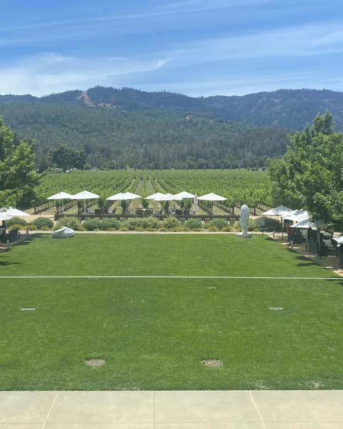 Picture of winery at Napa Valley with outside seating and a grassy area. 