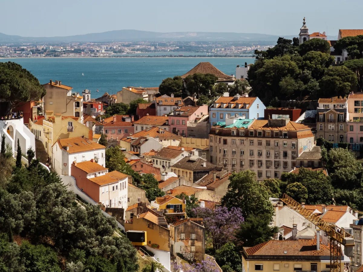 An aerial view of orange-roofed city buildings with the sea in the distance