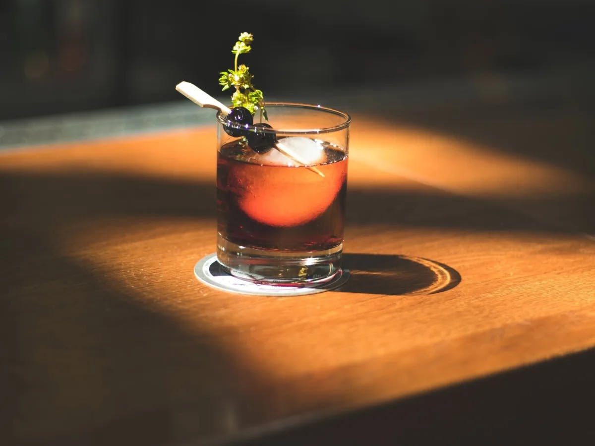 Drink on a brown table. 