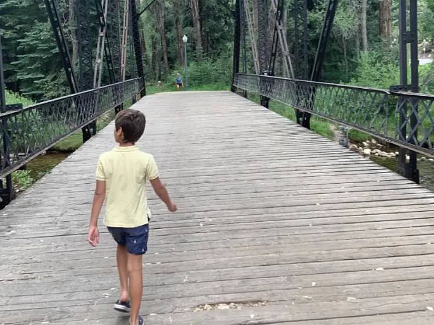 A tranquil scene of a person walking on a rustic wooden bridge surrounded by vibrant greenery.