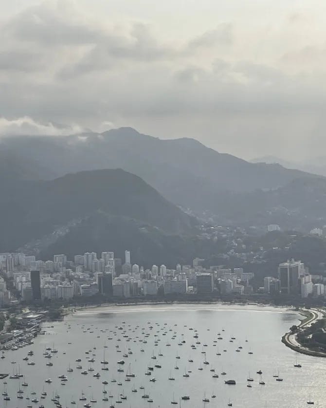 Aerial view of many small ships floating in a bay on a cloudy day