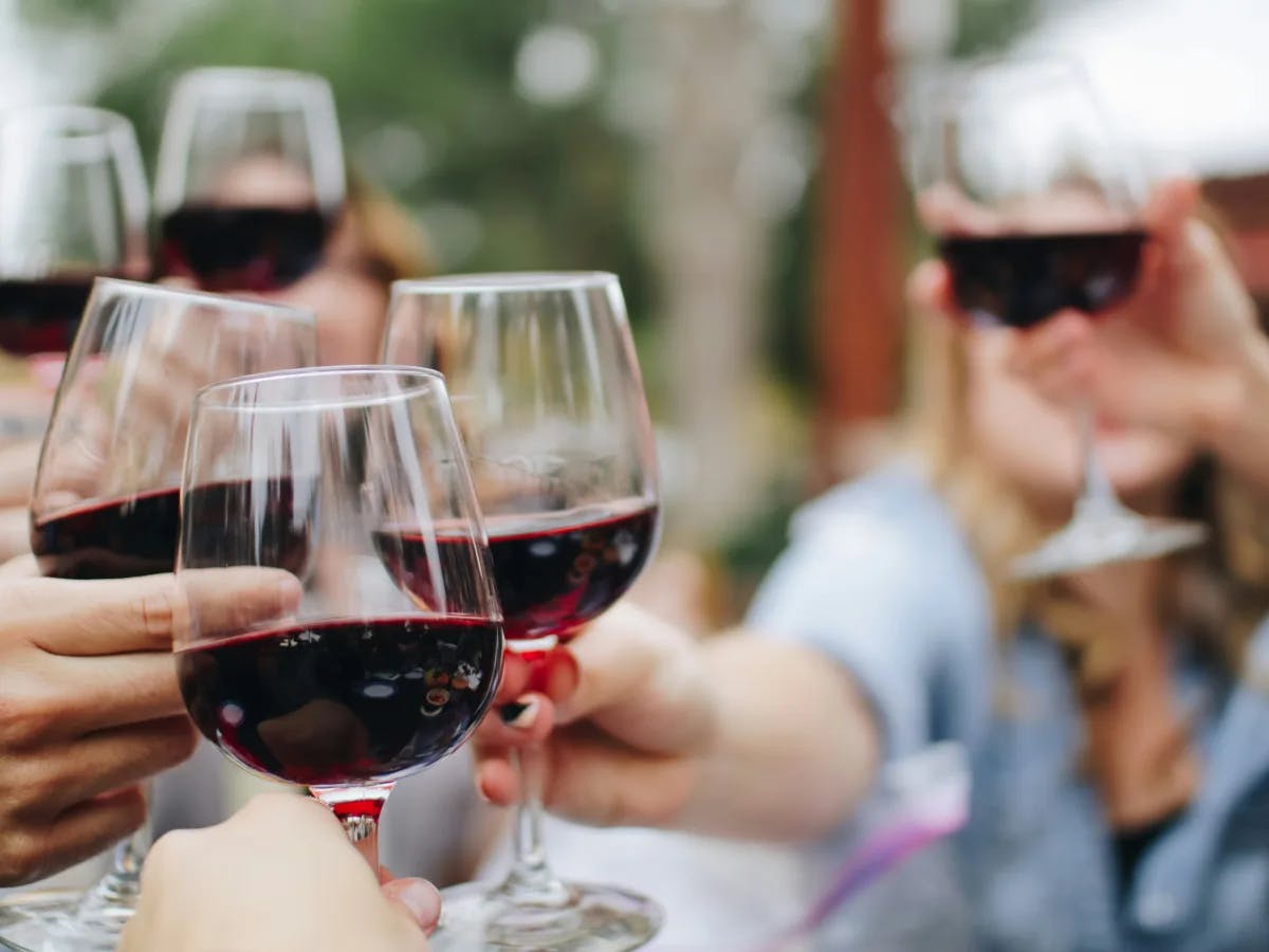 A celebratory moment with hands holding glasses of red wine, clinking in a toast, set against a backdrop of natural light.