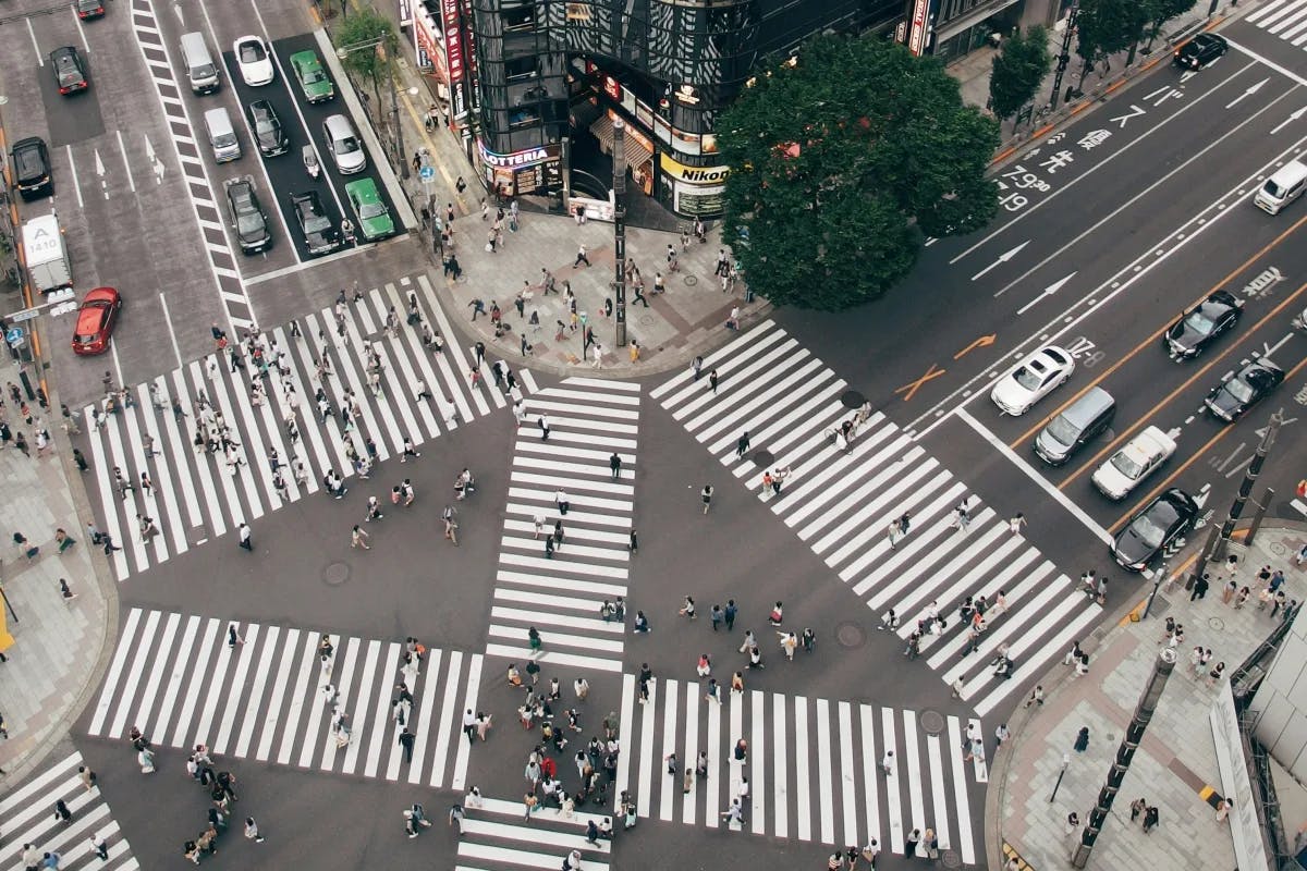 Top view of the famous pedestrian scramble, Shibuya Crossing.