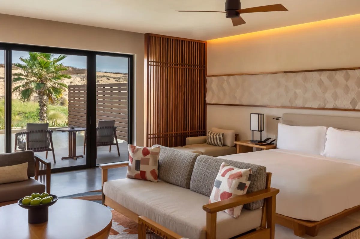 modern hotel room with ivory colors and wood accents and patio with private plunge pool