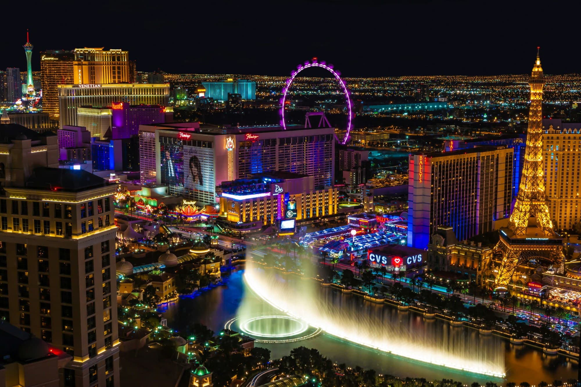 An aerial view of Las Vegas strip in February with illuminated hotels and streets