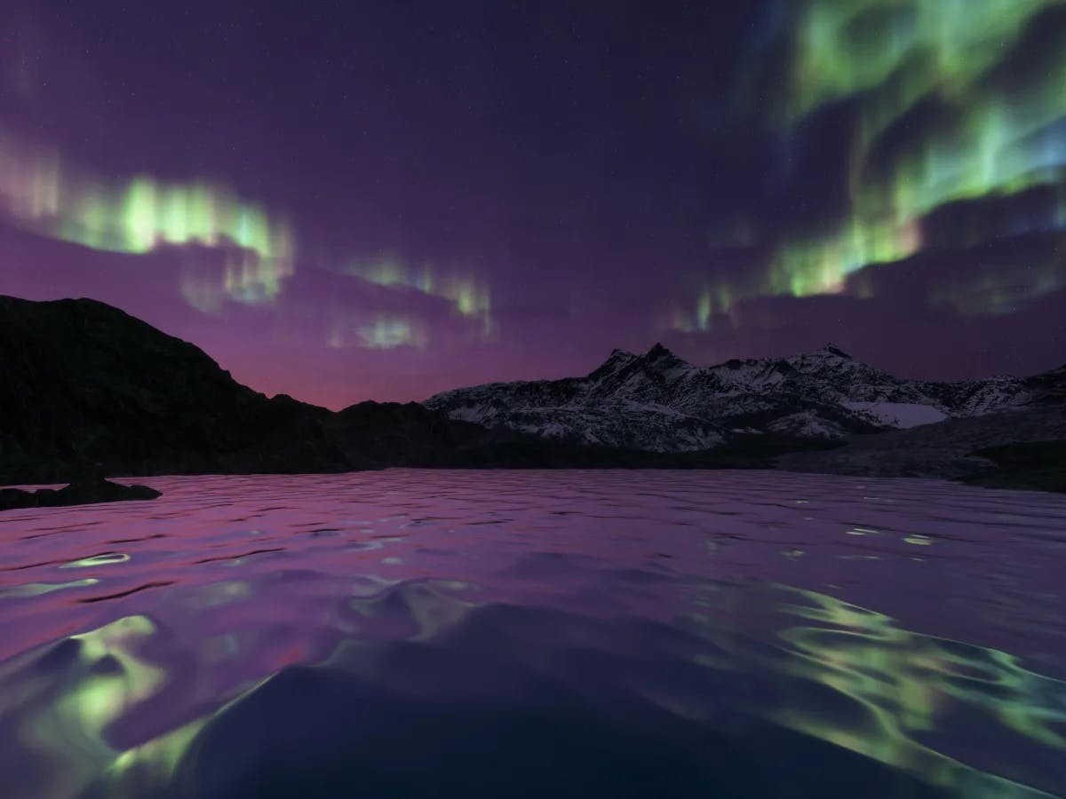 A serene night-time landscape with the aurora borealis reflected in a mountainous region’s water body.