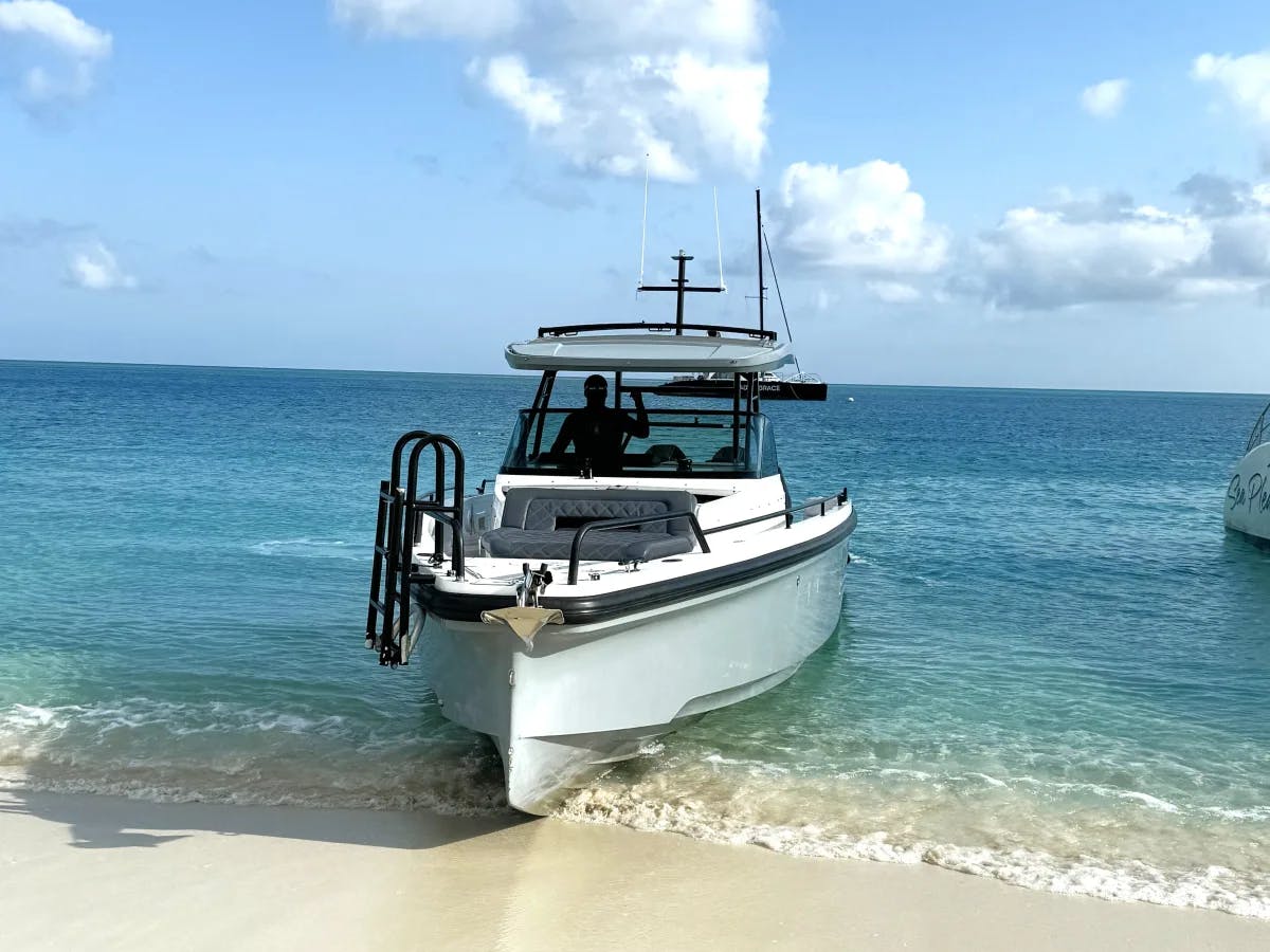 The image captures a white boat with black trim, peacefully beached on a sandy shore under a partly cloudy sky.