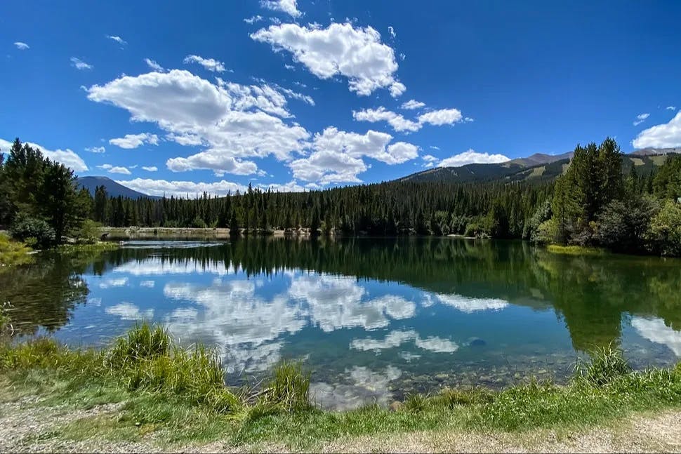 A lake in front of a forest with mountains in the distance during the daytime