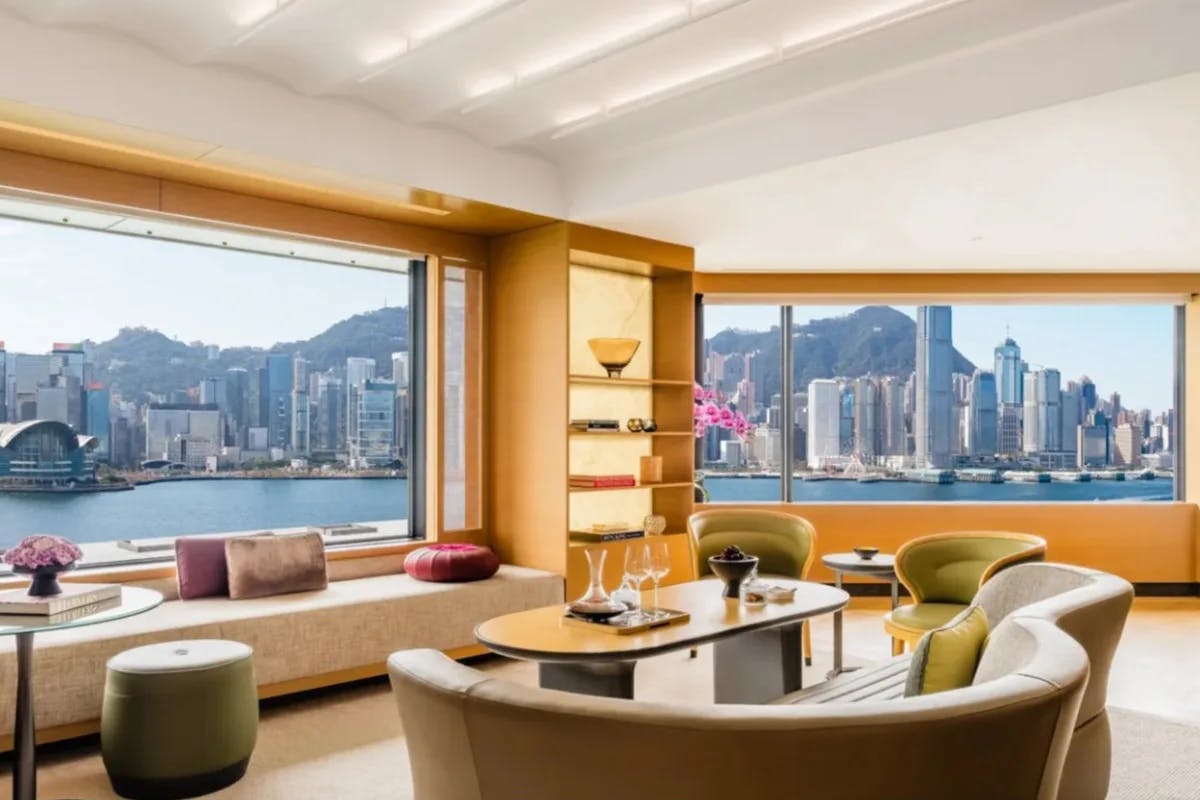 hotel interior with curvy furniture and Hong Kong views