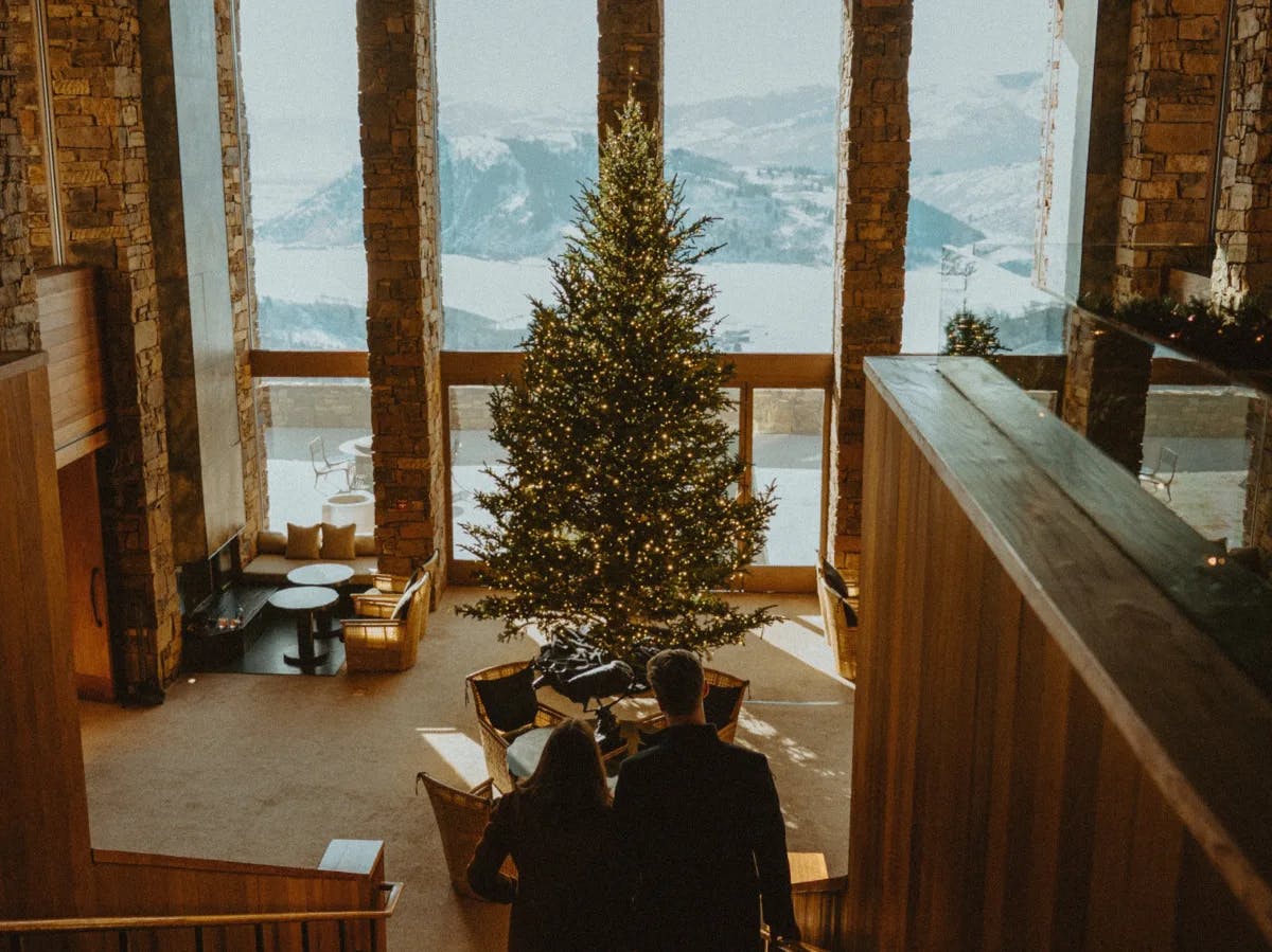 A couple standing at the bottom of a staircase, looking at a Christmas tree in front of a window, with a view of the natural landscape outside. 