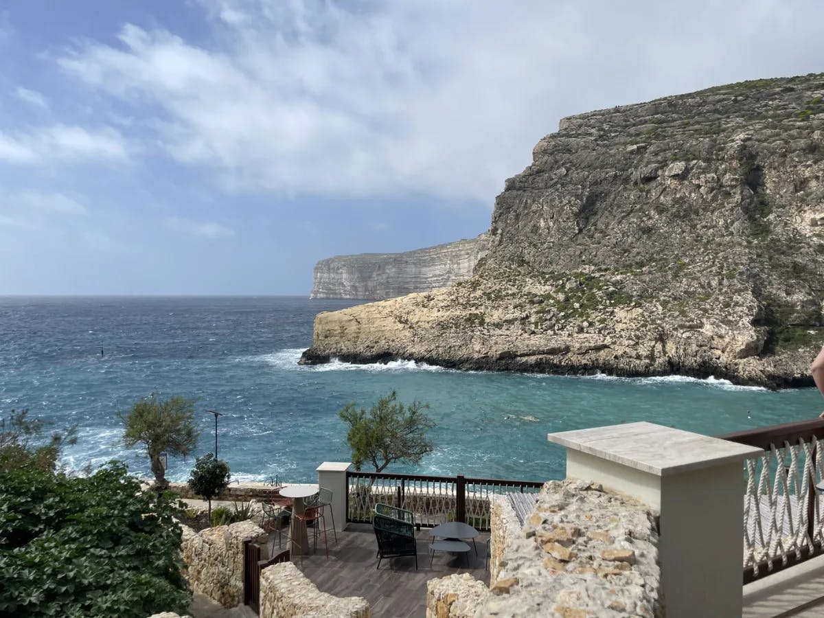 View of ocean from a resort's deck.