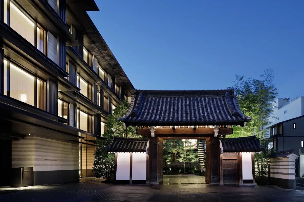 The entrance to Hotel The Mitsui, as done in traditional Japanese architecture styles